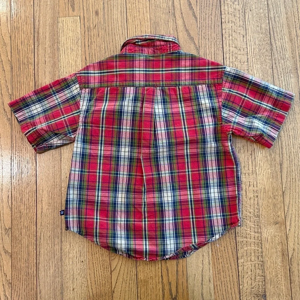 GAP Vintage Kids Red Green Navy Plaid Button Down Shirt Size XS 100% Cotton EUC